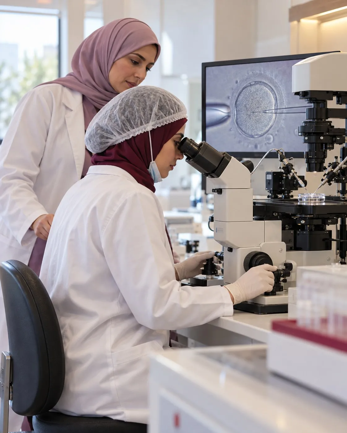 متدربة في مختبر الأجنة عند المجهر