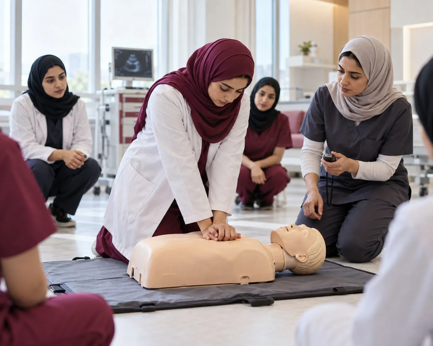 متدربة تمارس الإنعاش القلبي الرئوي على دمية تدريب في مستشفى آية