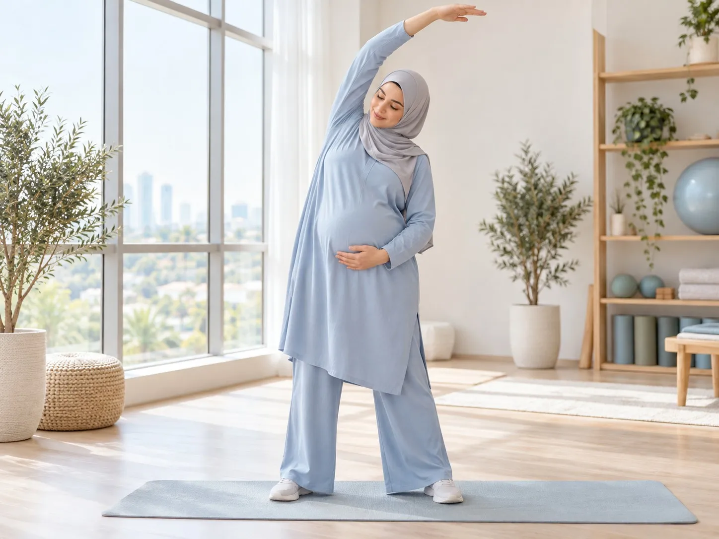 حامل تمارس تمدّدًا جانبيًا هادئًا بتوجيه من العلاج الطبيعي